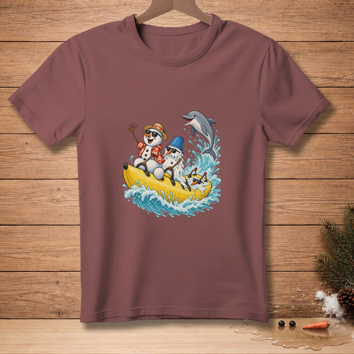 Snowmen in Hawaiian shirts and sunglasses ride a banana boat with a dolphin.