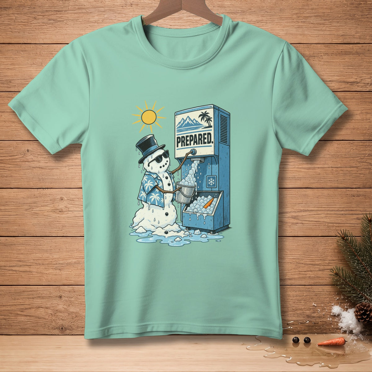 Snowman in Hawaiian shirt and top hat using ice machine, "PREPARED." text.