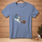 Snowman on a sled being pulled by a dachshund holding a sign.