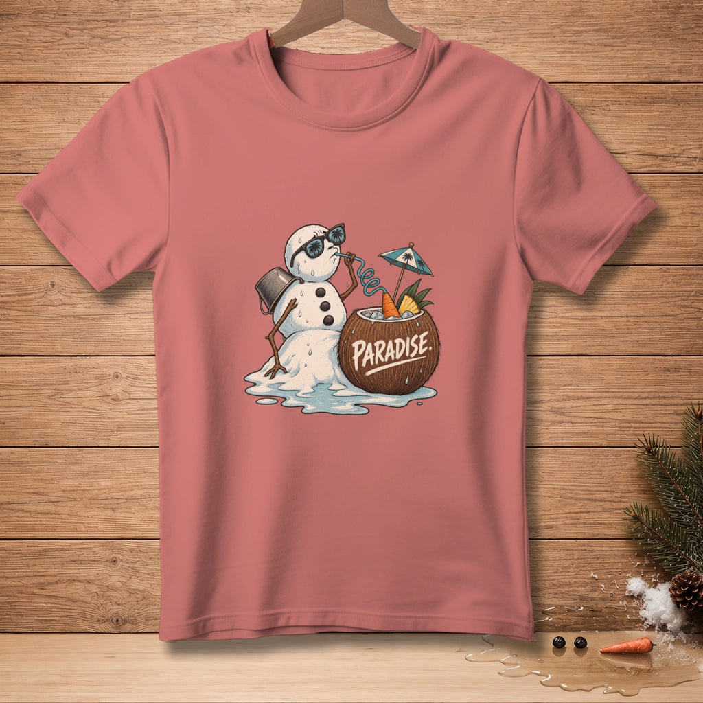 Melting snowman wearing sunglasses drinks from a coconut with "Paradise" text.