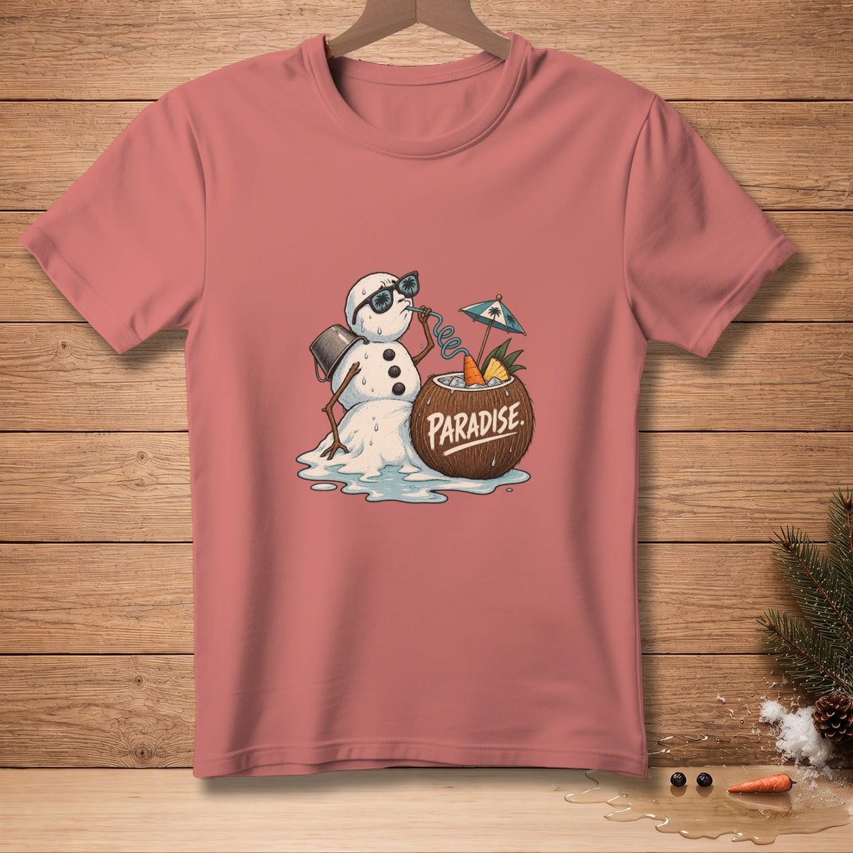 Melting snowman wearing sunglasses drinks from a coconut with "Paradise" text.