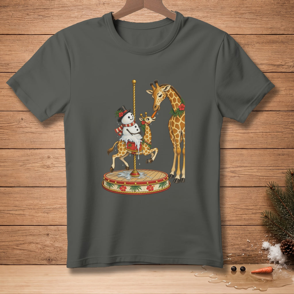 Giraffes and snowman on carousel with Christmas decorations and carrot.