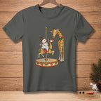 Giraffes and snowman on carousel with Christmas decorations and carrot.