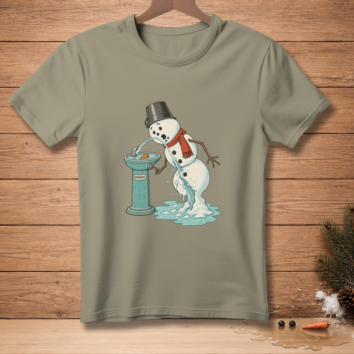 Melting snowman drinks from a blue drinking fountain with the word "refreshing" on it.