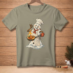 Snowman chef with burnt carrot and "Chef's Kiss" text on a t-shirt.