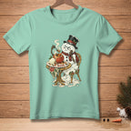 Melting snowman in a top hat sits sadly at a table with the word RUDE.