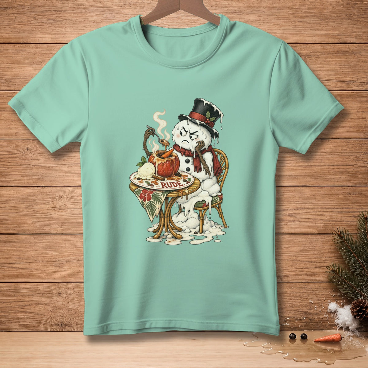 Melting snowman in a top hat sits sadly at a table with the word RUDE.