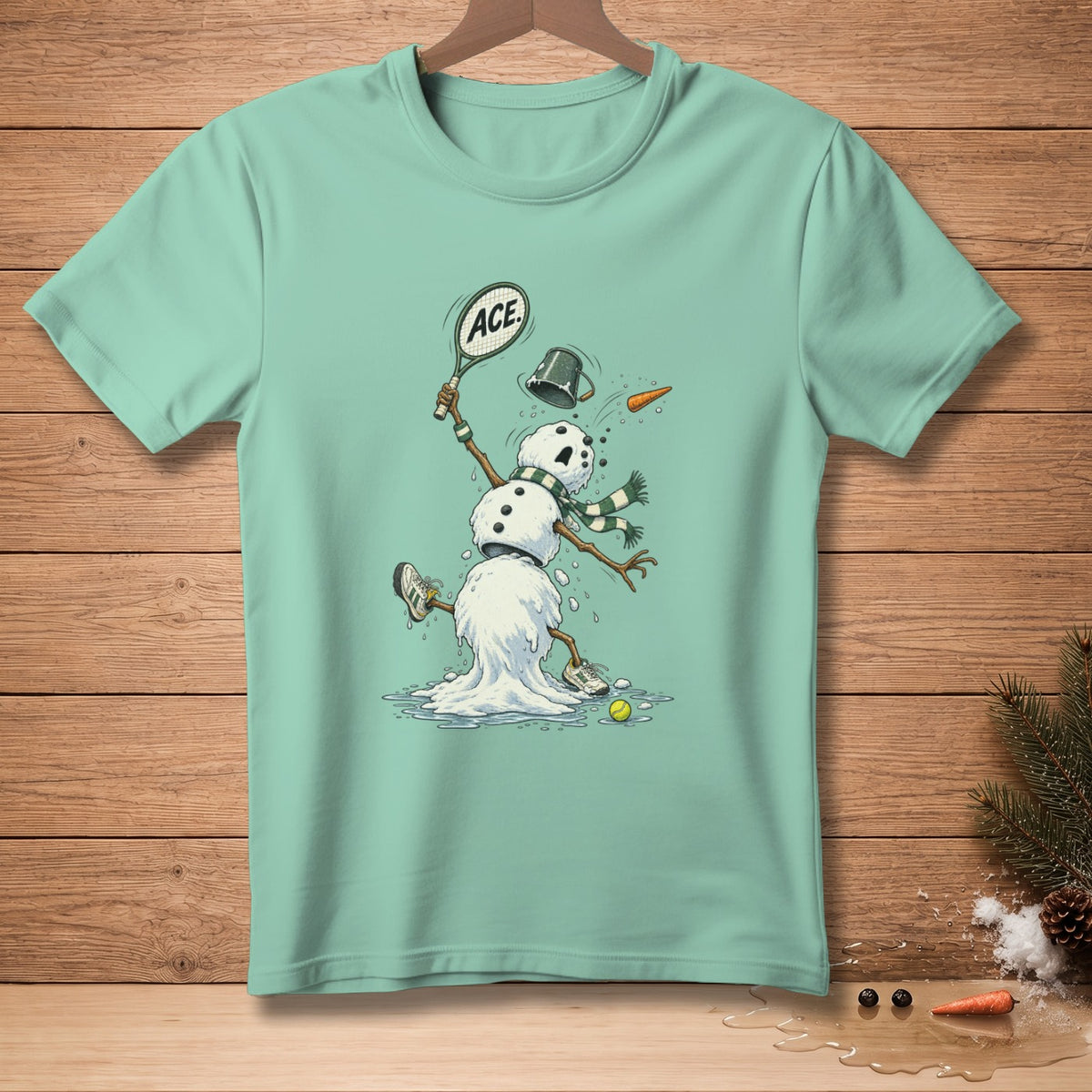 Melting snowman playing tennis, with "ACE" on the racket.