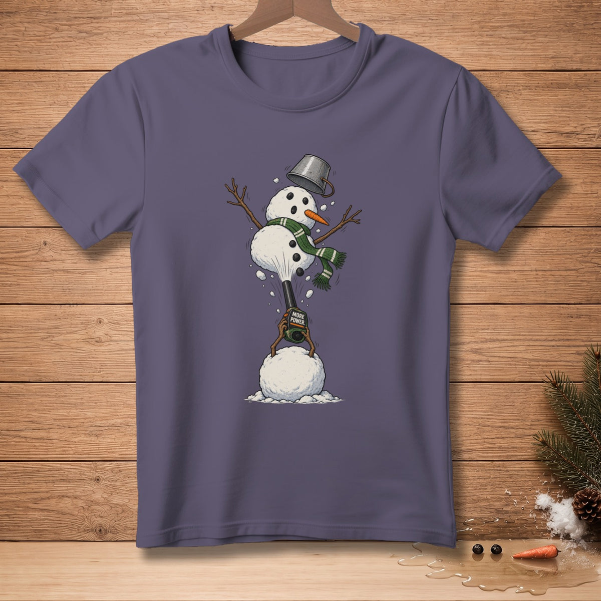 Snowman with bucket hat, scarf, and carrot nose using a leaf blower on a snowball.