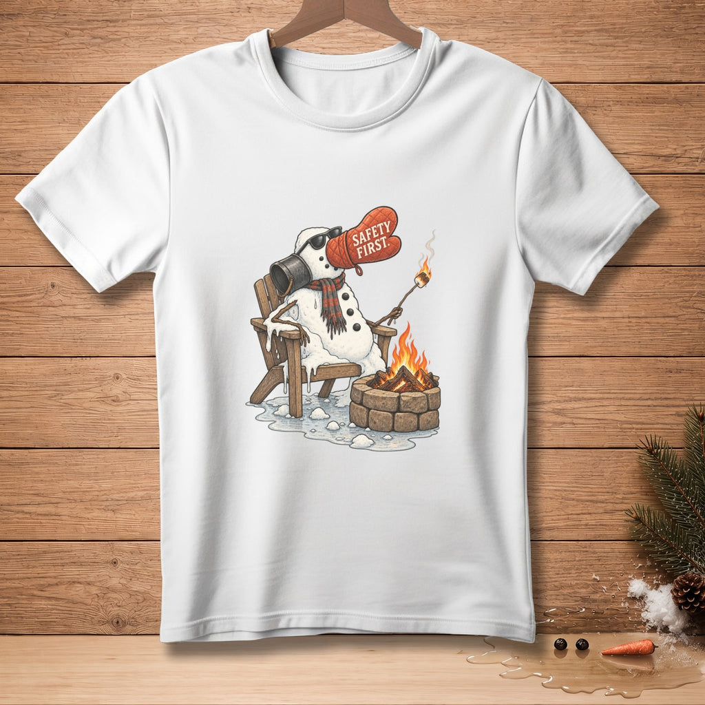 Snowman wearing sunglasses and a mitt with "SAFETY FIRST." roasting a marshmallow.