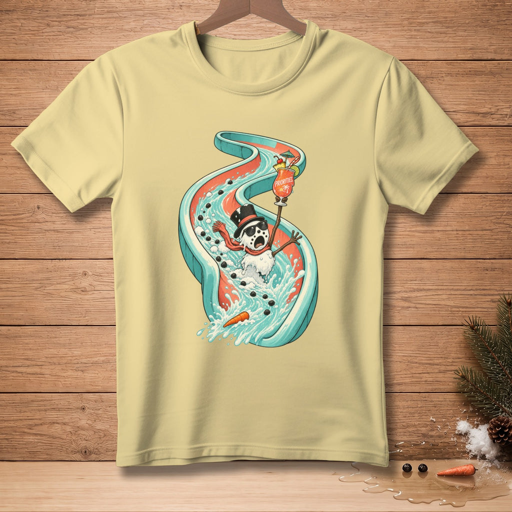 Snowman in sunglasses slides down water slide holding drink labeled "Priorities."