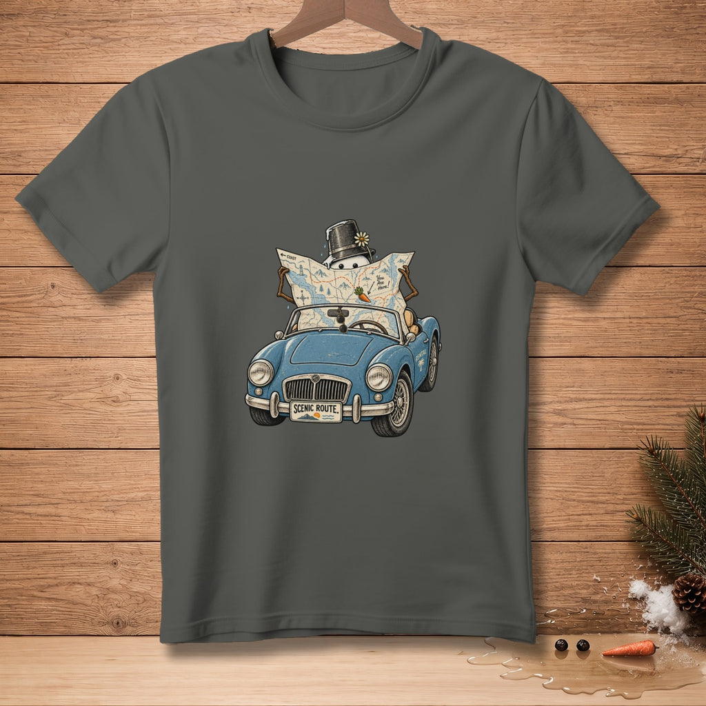 Cartoon snowman in top hat driving blue convertible with map, reads "SCENIC ROUTE."