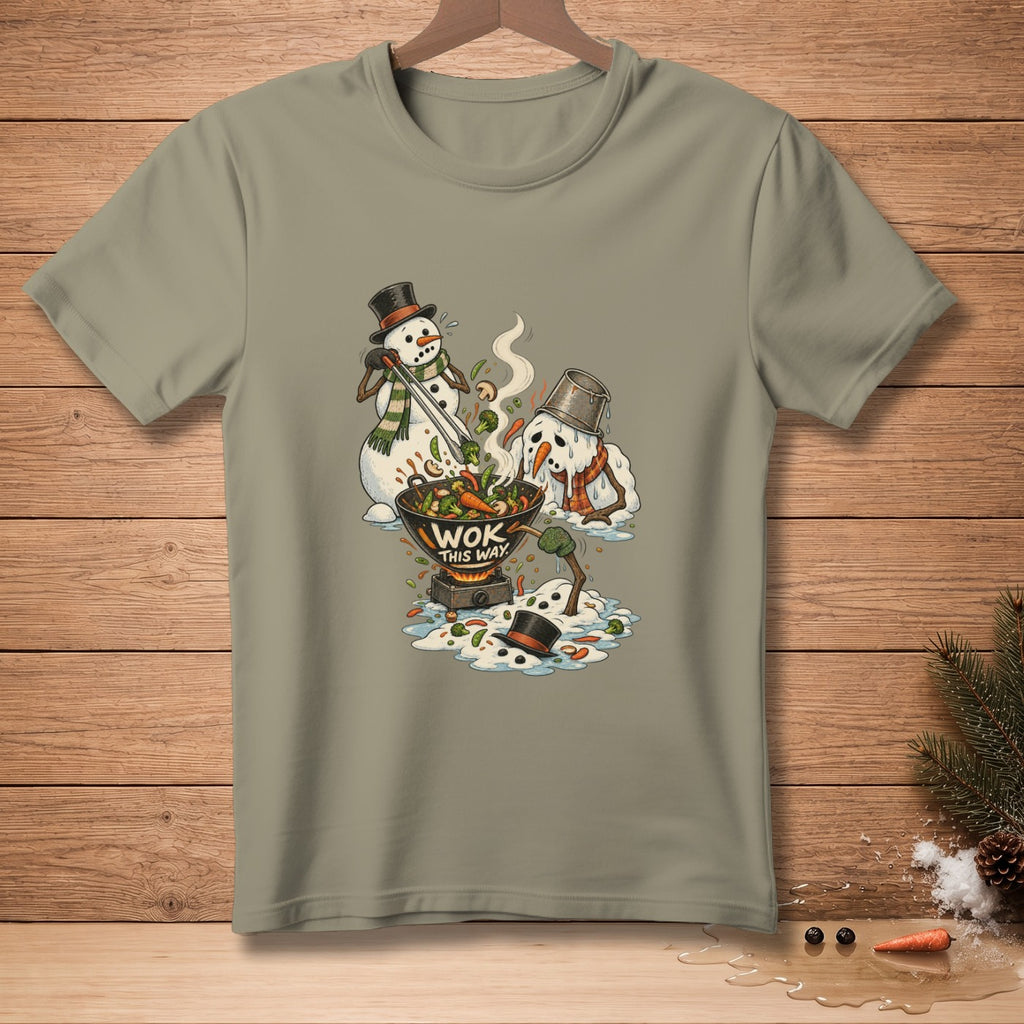 Two snowmen cook vegetables in a wok with "Wok This Way" text.