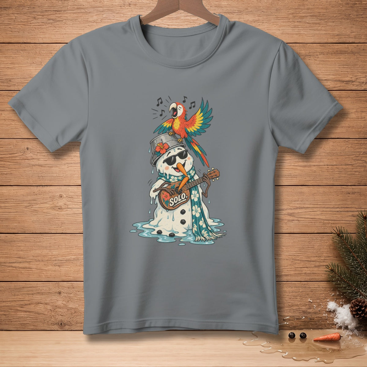 Snowman wearing sunglasses and scarf playing guitar with parrot on head.