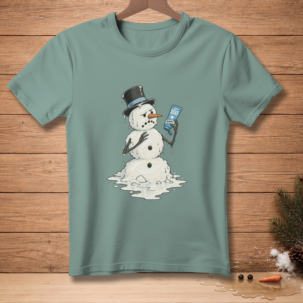 Melting snowman wearing a hat holds sunscreen with SPF 100.