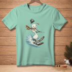 Light blue t-shirt with a graphic of a snowman skiing on skis with text "NATURAL ATHLETE."