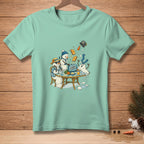 Cartoon snowmen have a chaotic breakfast with toast flying and melting.