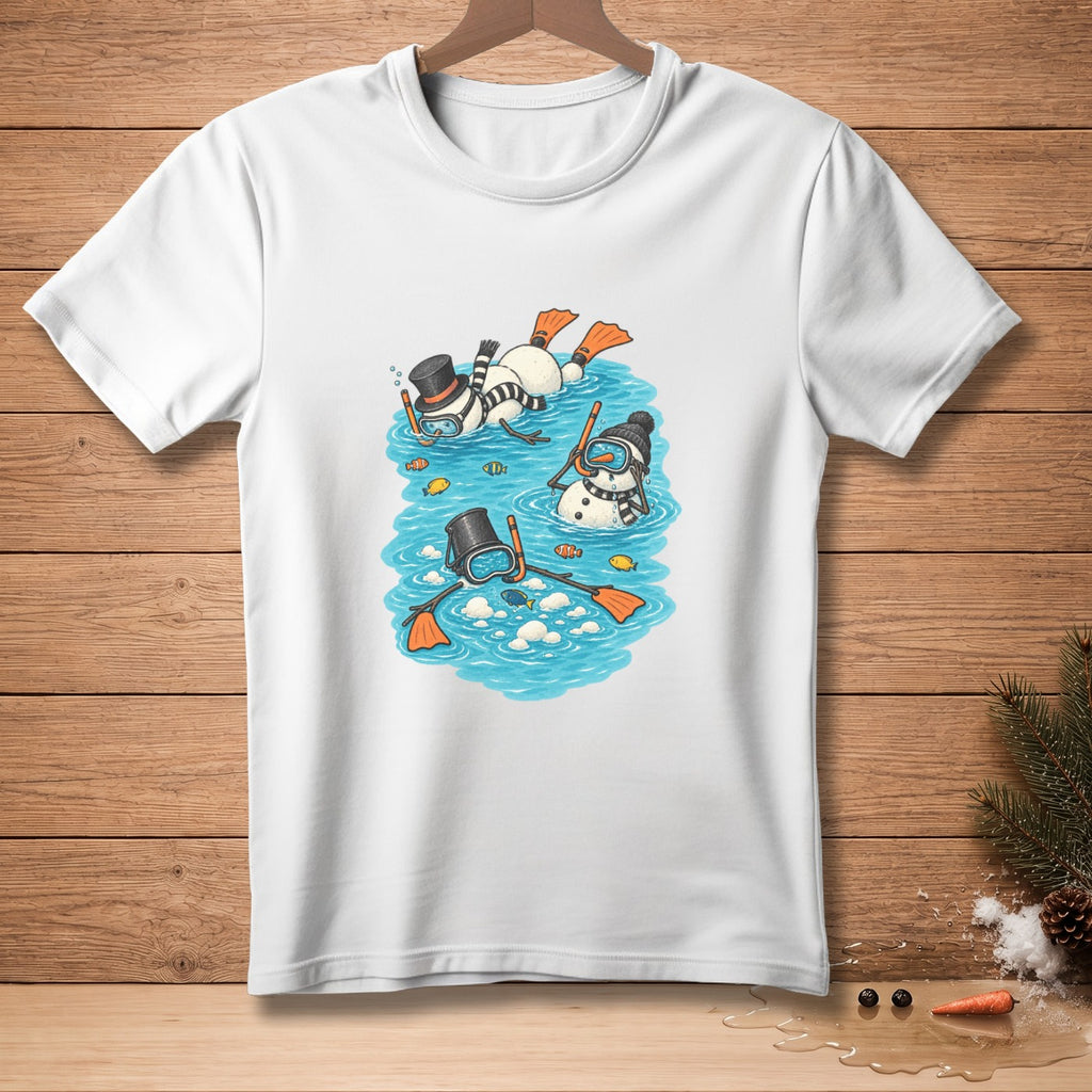 Three snowmen wearing diving gear float in blue water with small fish.