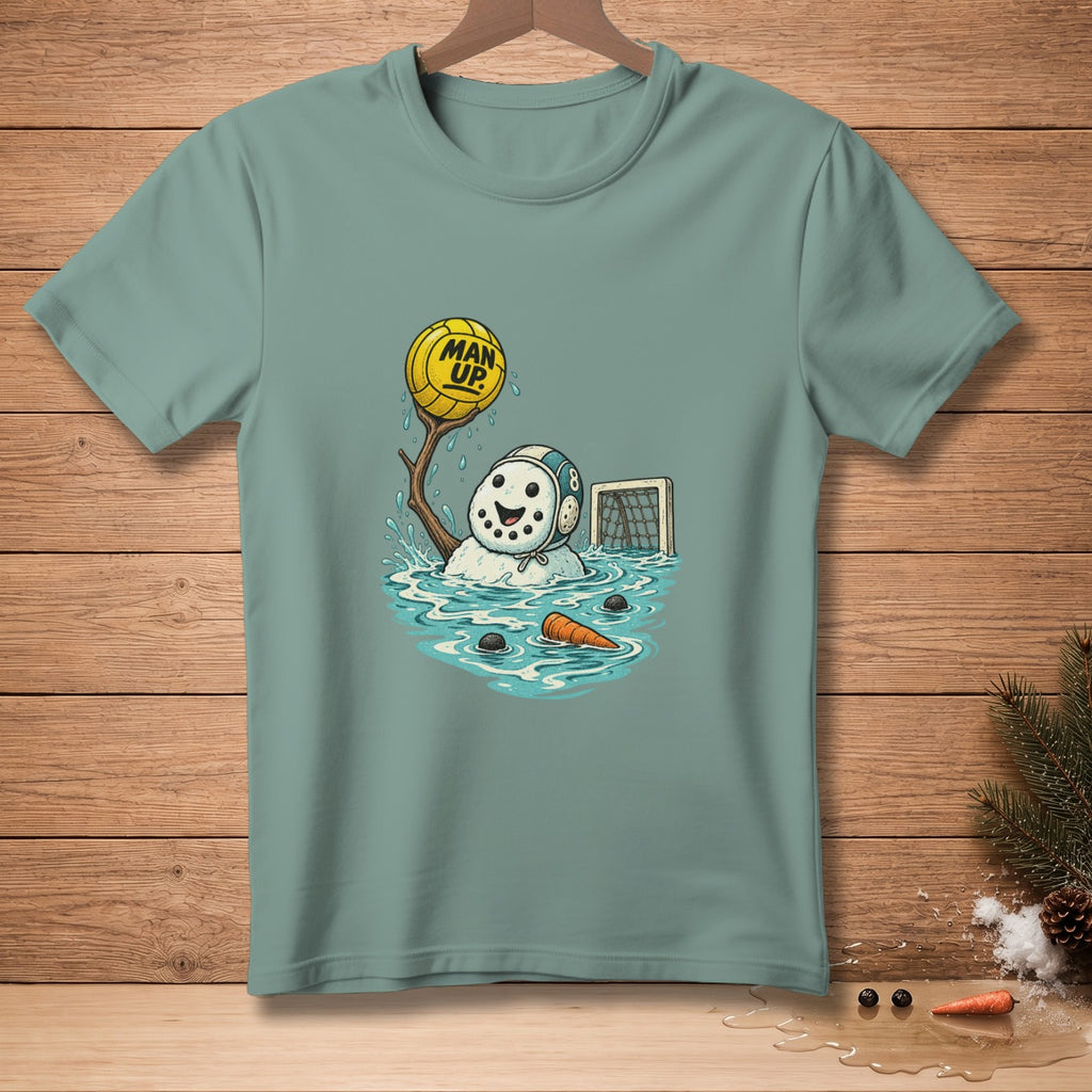 Snowman playing water polo, holding a ball that says "MAN UP".