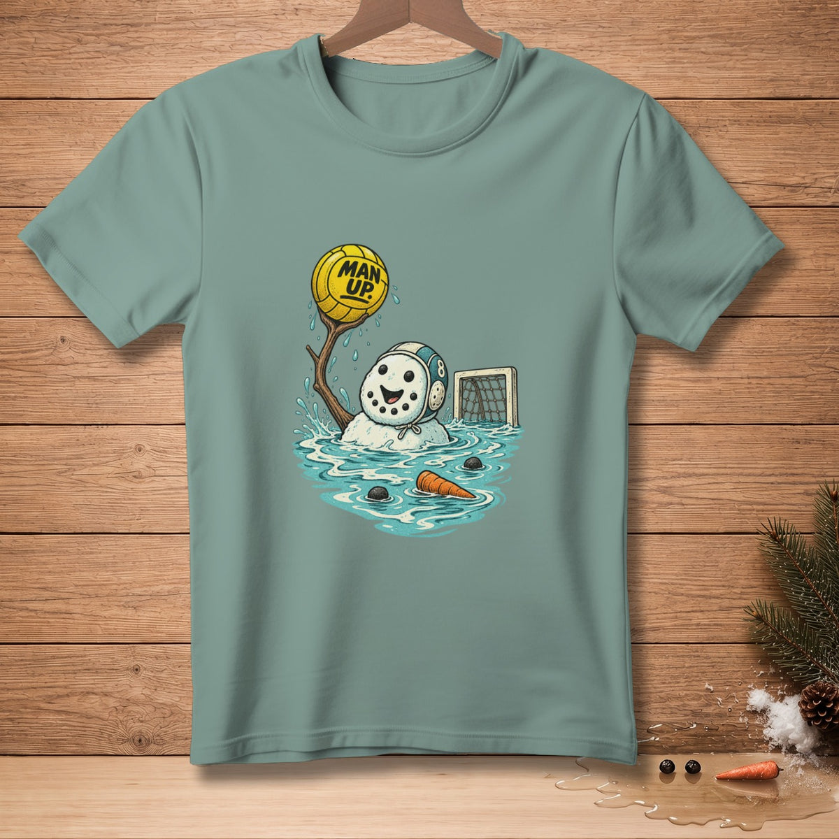 Snowman playing water polo, holding a ball that says "MAN UP".