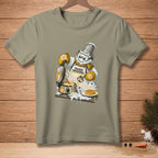 Snowman with a bucket hat wearing an apron, making waffles, with text "TRAINED PROFESSIONAL".