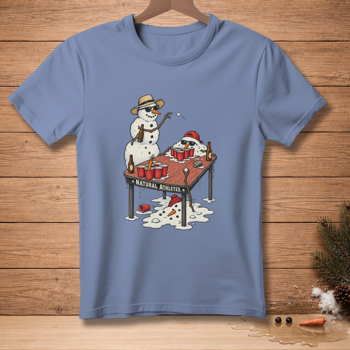 Snowmen play beer pong on a table; text reads "NATURAL ATHLETES."