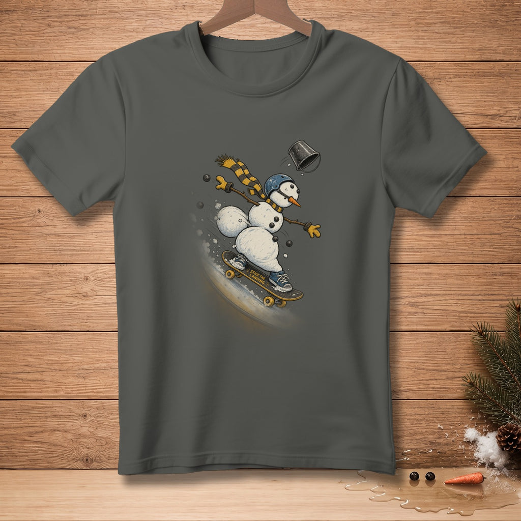 Snowman in helmet and scarf skateboarding, "Stick the Landing" text.