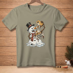 Melting snowman in a top hat holding a s'more with text "STICKY SITUATION."