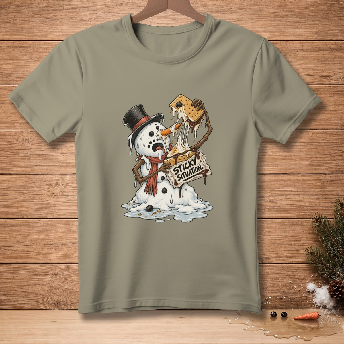Melting snowman in a top hat holding a s'more with text "STICKY SITUATION."