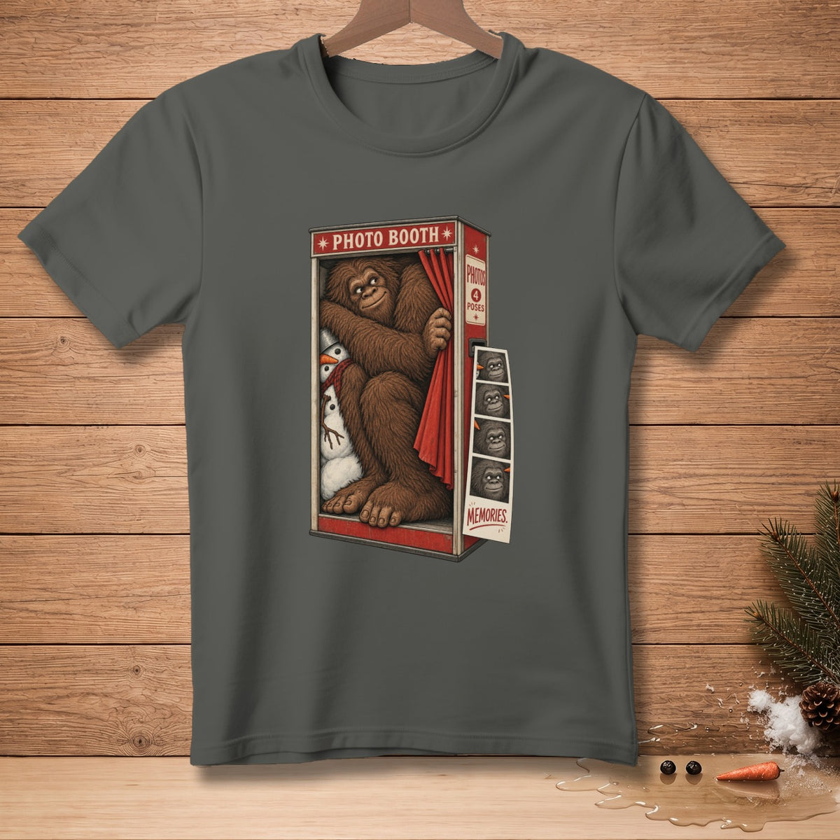 Bigfoot and snowmen in a photo booth with photo strip memories.