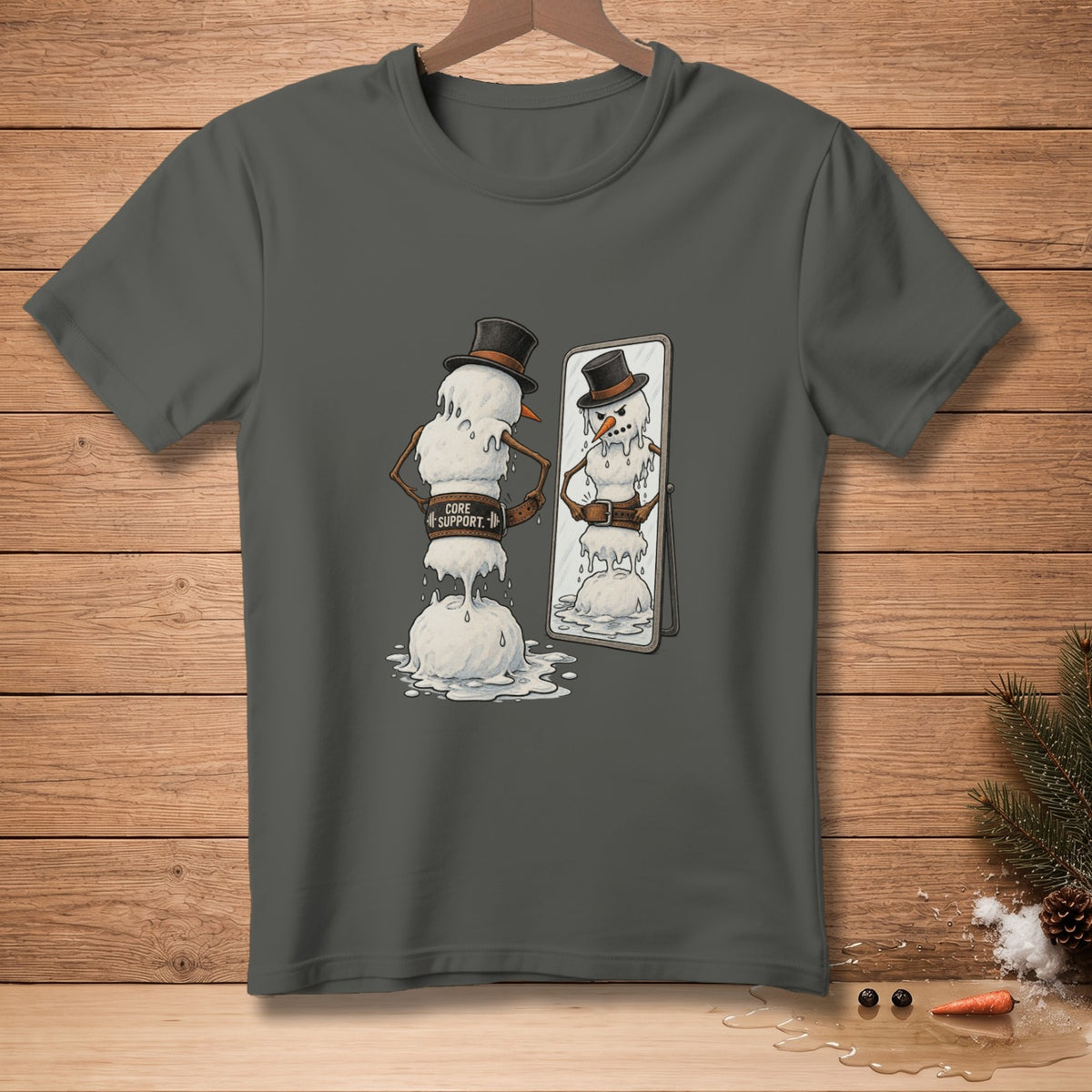 Melting snowman with top hat and "Core Support" belt reflected in mirror.