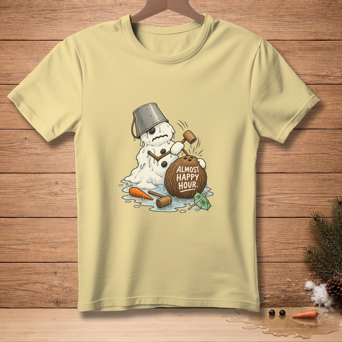 Melting snowman with a coconut and text "ALMOST HAPPY HOUR."