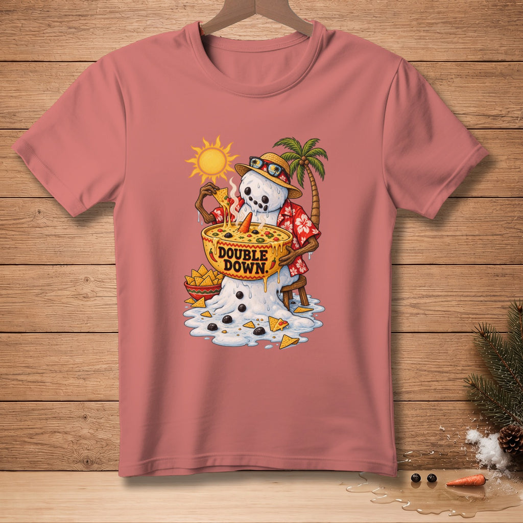 Melting snowman in Hawaiian shirt eats nachos from a bowl that says "Double Down."
