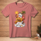Melting snowman in Hawaiian shirt eats nachos from a bowl that says "Double Down."