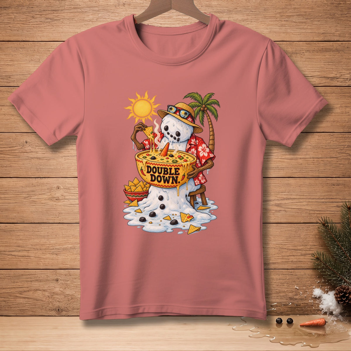 Melting snowman in Hawaiian shirt eats nachos from a bowl that says "Double Down."