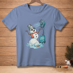 Melting snowman with fan and "Game Changer" text on a blue t-shirt.