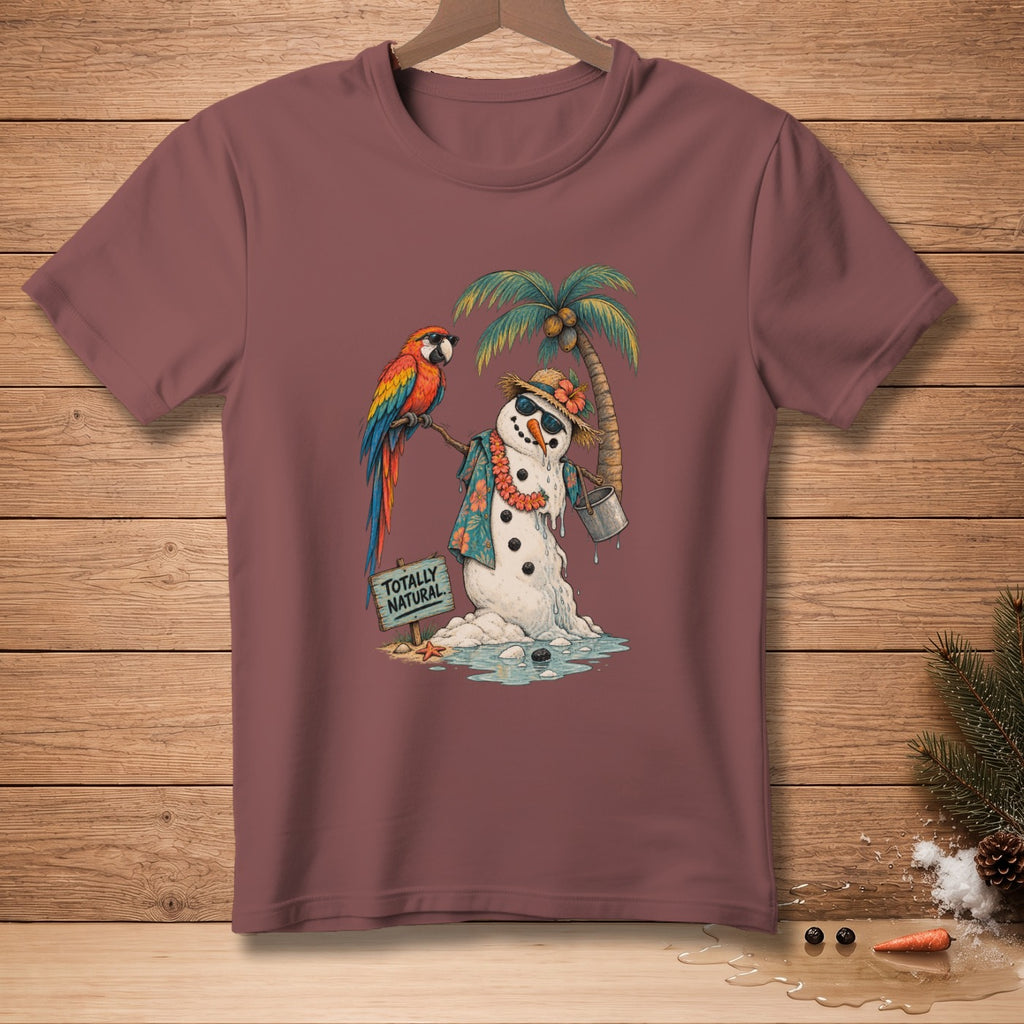 Melting snowman with parrot and palm tree on tropical beach, "TOTALLY NATURAL" sign.