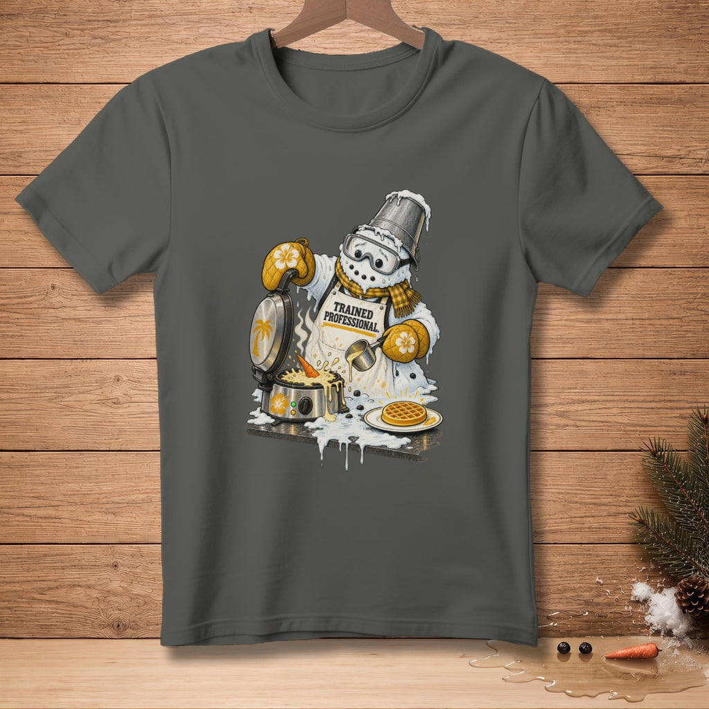 Snowman in apron and bucket hat making waffles, text "TRAINED PROFESSIONAL."