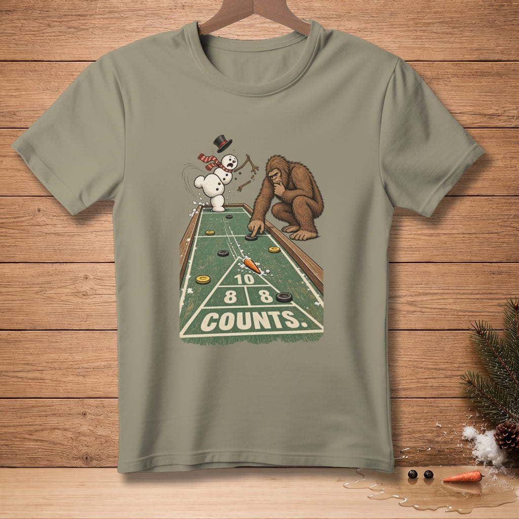 Bigfoot and snowman playing shuffleboard with scores 10, 8, 8, Counts.