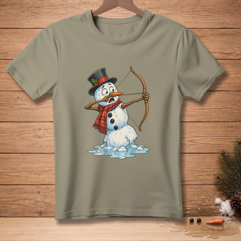 Snowman in a hat and scarf drawing a bow and arrow while melting.