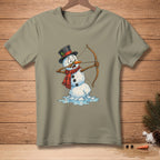 Snowman in a hat and scarf drawing a bow and arrow while melting.