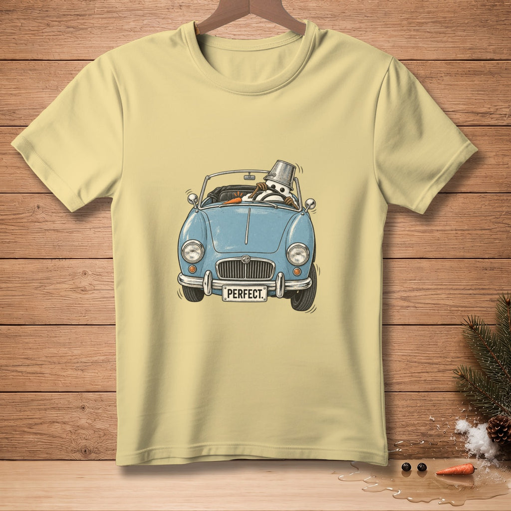 Light yellow t-shirt featuring a blue convertible with a snowman driver and "PERFECT." license plate.
