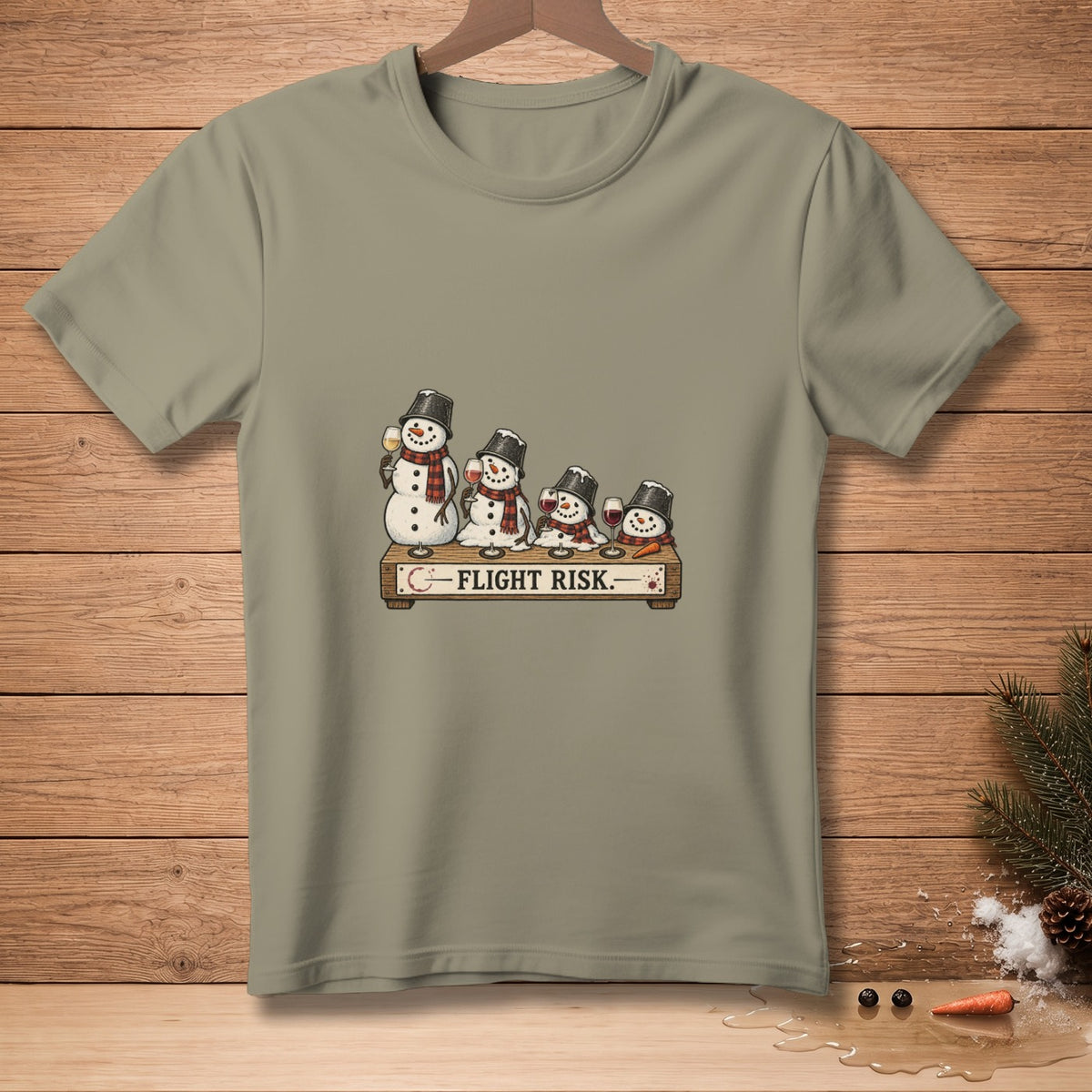 Four snowmen on a shelf drinking wine with text "FLIGHT RISK."