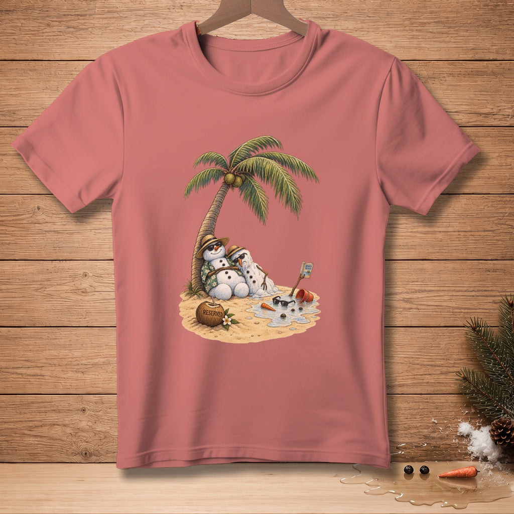 Two melting snowmen relax under a palm tree on a beach.