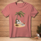 Two melting snowmen relax under a palm tree on a beach.