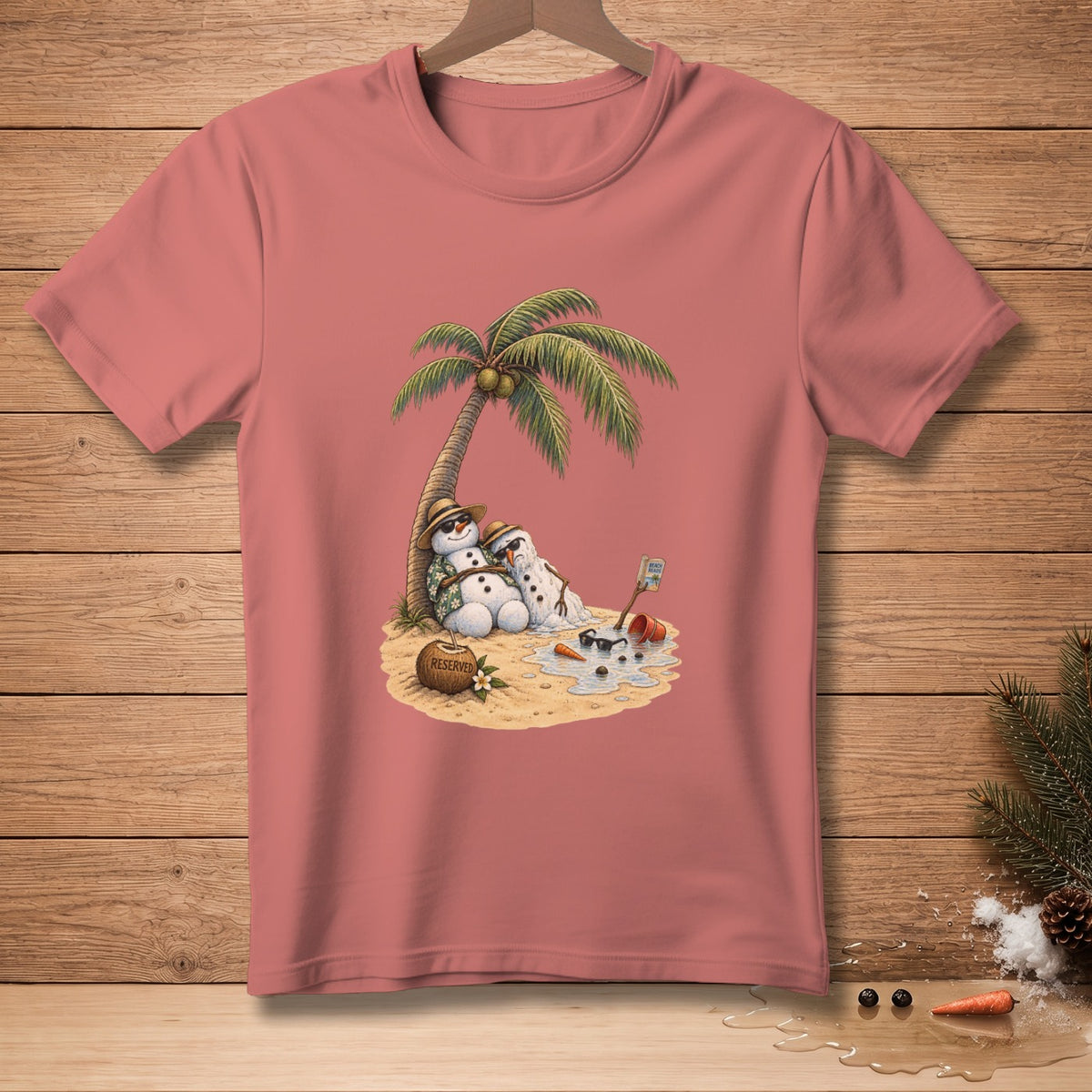 Two melting snowmen relax under a palm tree on a beach.