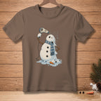 Melting snowman with hairdryer, text "ALMOST DRY", on brown t-shirt.