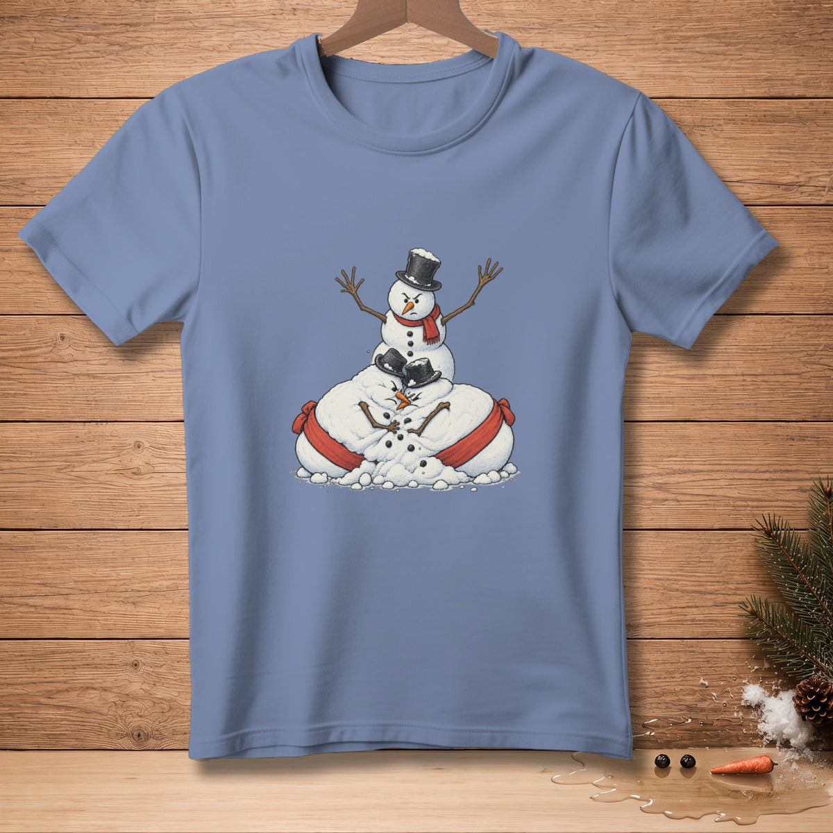 Three snowmen stacked, two wearing top hats, one with a red scarf.
