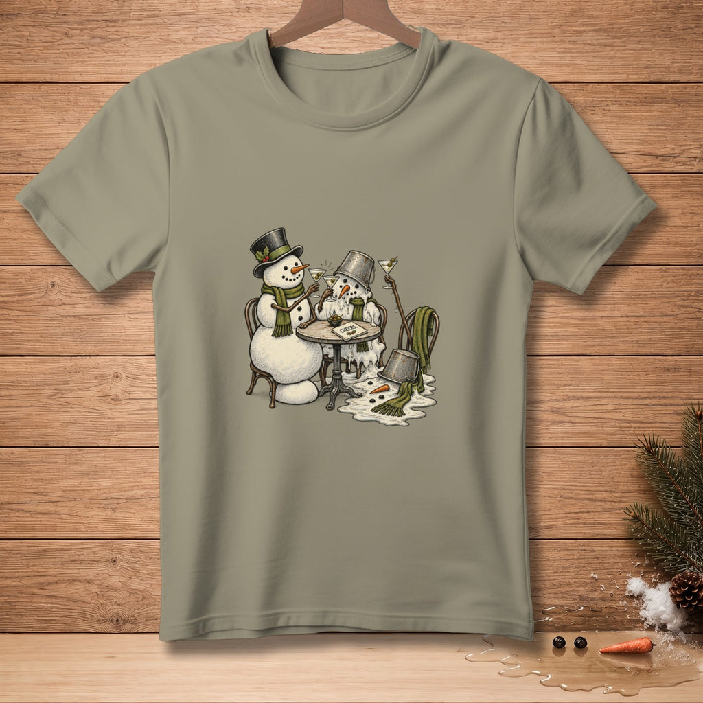 Two melting snowmen with top hats and scarves toast with martinis at a table.