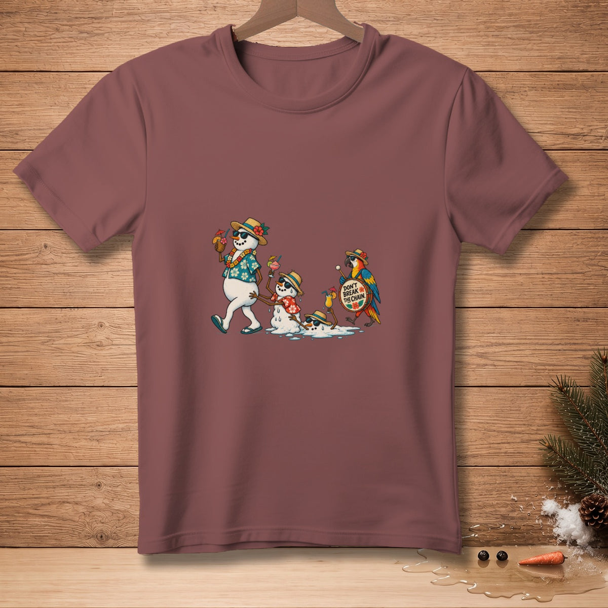 Snowmen in Hawaiian shirts and hats walk with melting snowmen and a parrot holding a sign.